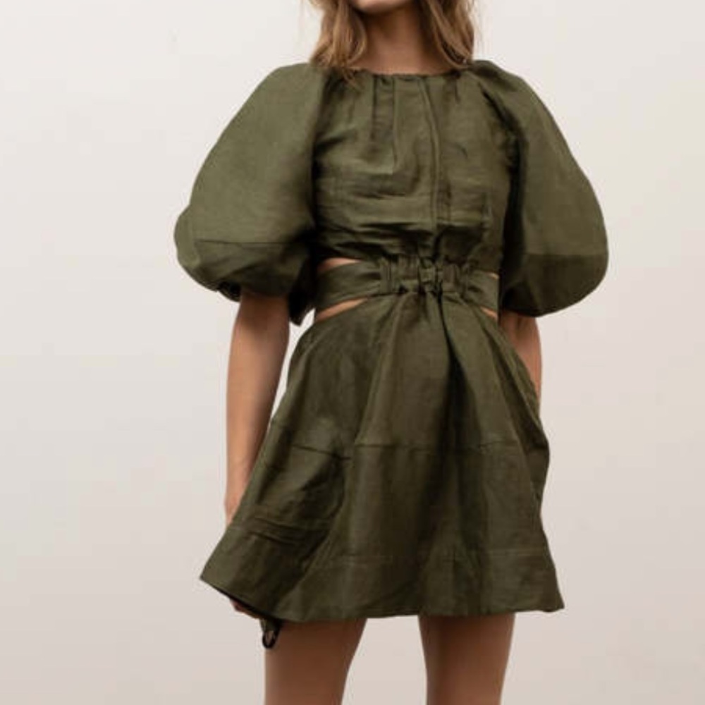 New Moon River puff sleeve Mini Dress Olive green XS